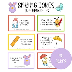 Blagues de printemps drôles pour les enfants, 40 notes de boîte à lunch, notes de déjeuner imprimables, cartes de blague papa, téléchargement numérique