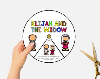 Elías y la viuda, Rueda para colorear bíblica imprimible, Manualidad para la escuela dominical de VBS, Estudio bíblico para niños, Rueda para hilar historias bíblicas, Educación en casa