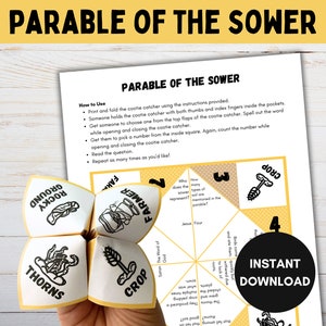 Parabole du semeur, attrape-cootie imprimable, travaux manuels d'école du dimanche, étude de la Bible pour enfants diseuse de bonne aventure, activité récit biblique, chrétien