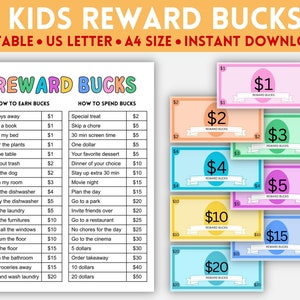 Kids Reward Bucks, Kids Reward Coupons, bearbeitbare Belohnung Bucks, Mom Bucks, Kids Reward Coupon, Belohnungssystem für Kinder, Spielgeld, bearbeitbar
