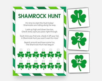 Shamrock Hunt, St Patricks Day Game, Irish Scavenger Hunt, Kids Printable Saint Patricks Day Game, March Classroom Activity