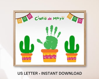 Cinco De Mayo Handprint Art, Cactus Mexican Fiesta Printable, Kids Preschool Daycare Craft, May Teacher Resource, Toddler Memory Keepsake