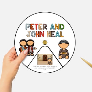 Petrus och Johannes läker, utskrivbar målarhjul för bibellektioner, söndagsskolepyssel för barn, spinnhjul för bibelberättelser, kristen hemskola, VBS