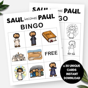Saul wird Paul, 30 Bingokarten mit Bibelgeschichte, druckbare Sonntagsschulaktivität, christliches VBS-Spiel, religiöses Bibelstudiengruppenspiel