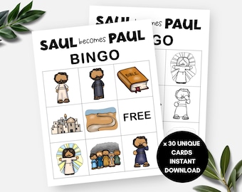 Könnte beinhalten: Eine druckbare Bingokarte mit Illustrationen von biblischen Szenen und dem Text "SAUL wird PAUL BINGO". Die Karte hat 25 Felder mit Bildern eines Mannes mit Bart, einer Bibel, einer Straße, einer Stadt und eines Mannes mit Heiligenschein. Die Karte hat auch das Wort "FREI" in einem der Felder. Der Text "x 30 EINZIGARTIGE KARTEN SOFORTIGER DOWNLOAD" befindet sich in einem Kreis unten rechts auf der Karte.
