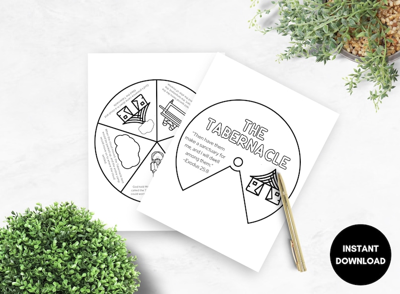 May include: Two white printable pages with black line art illustrations. One page features a circular diagram with labeled sections. The other page has the text "THE TABERNACLE" and a Bible verse. A gold pen rests on the page.