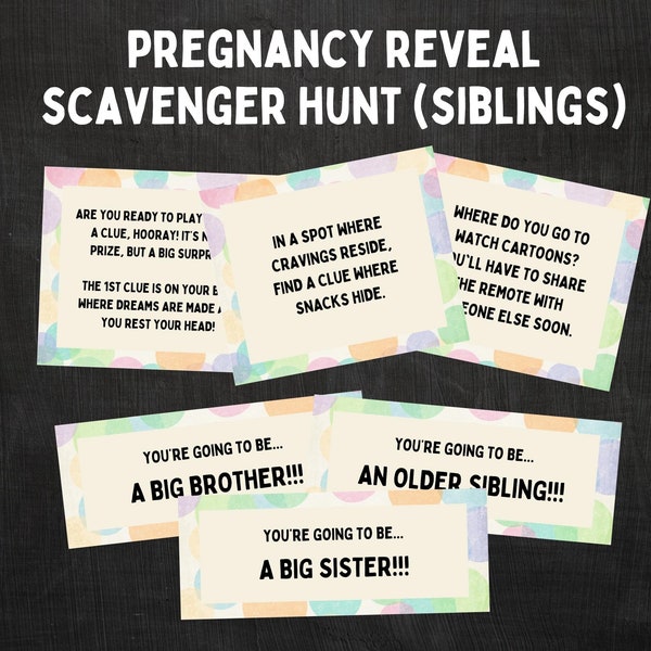 Pregnancy Announcement Scavenger Hunt, Printable Treasure Hunt Clues for Siblings, Big Brother and Sister, Baby Surprise Reveal Game, DIY
