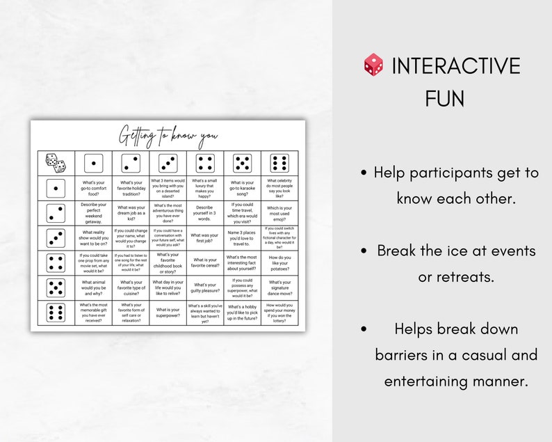 Printable Dicebreaker Game, Get to Know You, Roll and Tell Dice Game ...