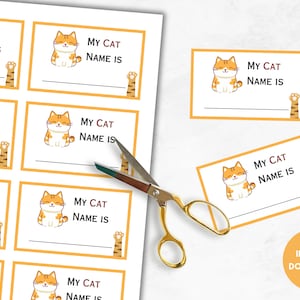 May include: Printable orange and white cat name tags with the text "My Cat Name Is" on each tag. The tags are designed to be cut out and used for pet identification.