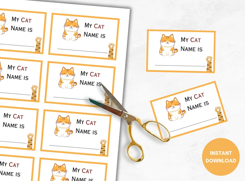 May include: Printable orange and white cat name tags with the text "My Cat Name Is" on each tag. The tags are designed to be cut out and used for pet identification.