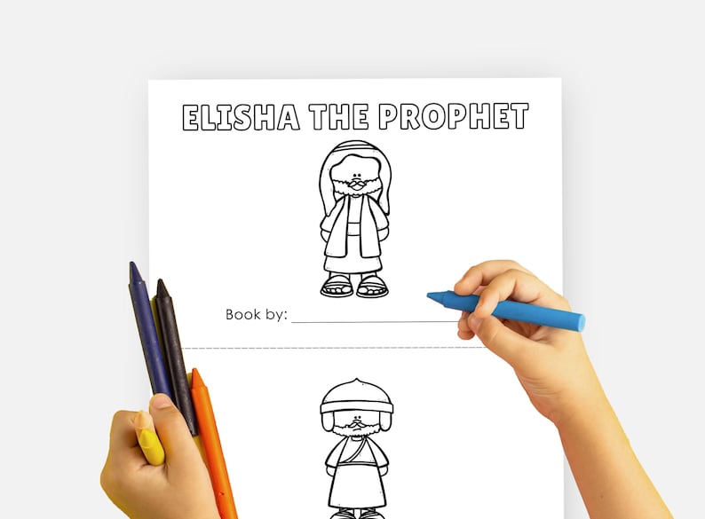 May include: Black and white coloring page featuring Elisha the Prophet. The page includes two illustrations of Elisha, one with a beard and one without. The text "ELISHA THE PROPHET" is at the top of the page. The text "Book by:" is at the bottom of the page.