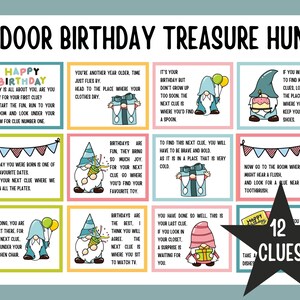 Búsqueda del tesoro de cumpleaños para niños, Búsqueda del tesoro de cumpleaños, Pistas de búsqueda del tesoro de cumpleaños en interiores, Juegos de cumpleaños para niños, Cumpleaños de gnomos