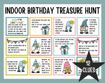 Birthday Scavenger Hunt for Kids, Birthday Treasure Hunt, Indoor Birthday Treasure Hunt Clues, Birthday Games for Kids, Gnome Birthday