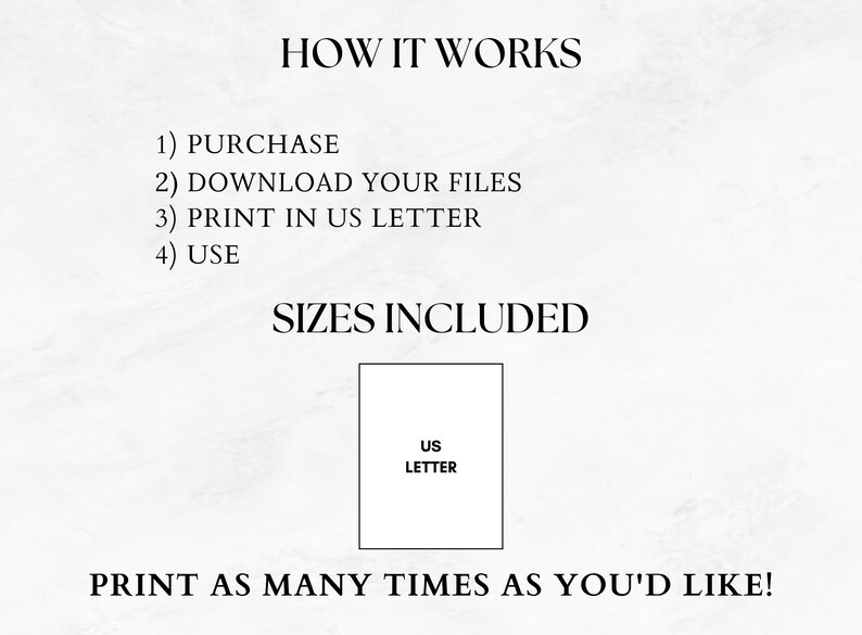 May include: A white background with black text detailing the steps: purchase, download files, print in US Letter, and use. The image includes a diagram of a US Letter size paper and the text "Print as many times as you'd like!"