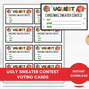 Schede elettorali per maglioni brutti, festa di maglioni di cattivo gusto, gioco di Natale stampabile, votazioni per il concorso di maglioni più brutti, download digitale