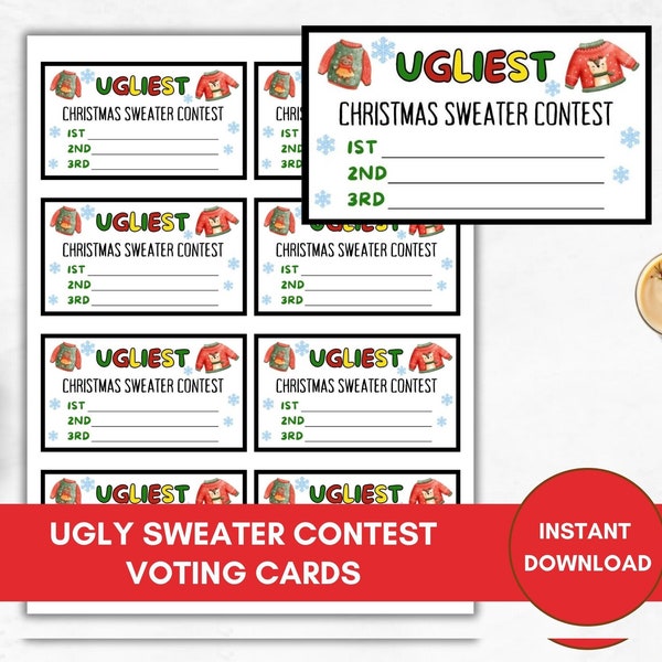 Ugly Sweater Ballot Voting Cards, Tacky Sweater Party, Printable Christmas Game, Ugliest Sweater Contest Ballot, Digital Download