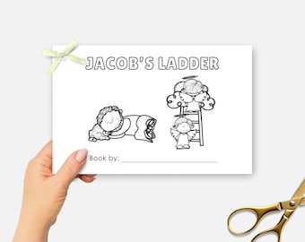 May include: A black and white illustration titled "Jacob's Ladder" featuring cartoon angels and a ladder. The image is held by a hand, with a gold pair of scissors in the lower right corner.
