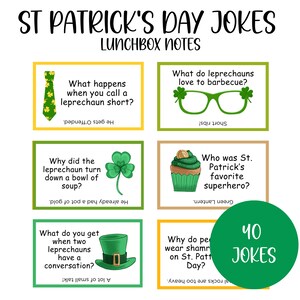 Blagues drôles de St Patricks pour les enfants, 40 notes de boîte à lunch de St Paddys, blagues de boîte à lunch, notes de déjeuner imprimables, cartes de blague de papa irlandais, téléchargement numérique