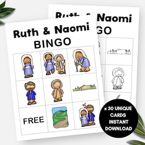 Ruth und Naomi, 30 Bingokarten mit Bibelgeschichte, druckbare Sonntagsschulaktivität für Kinder, christliches VBS-Spiel, religiöses Bibelstudiengruppenspiel