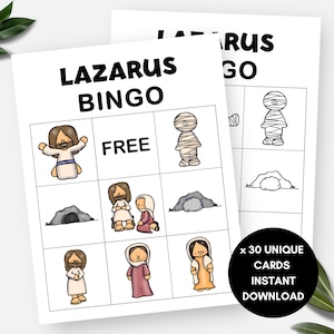 Lazarus, 30 Bibelgeschichten-Bingokarten, druckbare Sonntagsschulaktivität für Kinder, christliches VBS-Spiel, religiöses Bibelstudiengruppenspiel