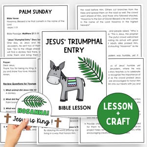 May include: A Palm Sunday Bible lesson and craft set. The design includes a donkey illustration, palm branches, and the text "Jesus' Triumphal Entry." Features review questions and the words "Hosanna" and "Jesus is King!"