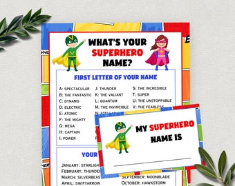 What's Your Superhero Name, Superhero Birthday Party Game for Kids and Adults, Costume Party, Printable Halloween Activity, Digital Download