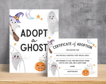 Adopt a Ghost, Adopt a Ghost Certificate, Spooky Ghost Party Favor, Adoption Sign and Certificate, Halloween Birthday Printable