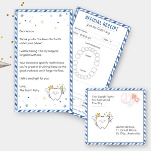 Mini lettre et reçu de la fée des dents, imprimable de la fée des dents modifiable, premier certificat/note de dent perdue, bleu, édition Canva