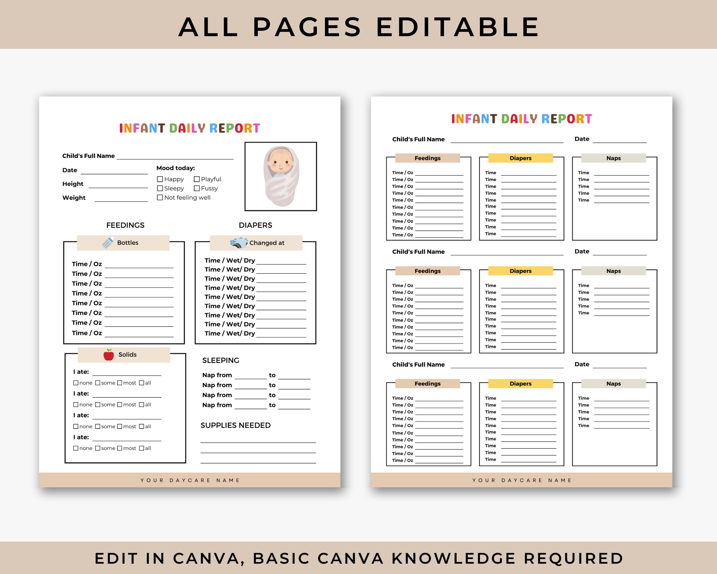 Infant Daily Report, Infant Daily Log, Printable Home Daycare Paperwork ...