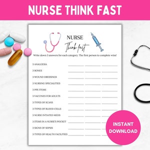 Printable Nurse Think Quick Game, Nursing Theme, Fun Graduation Game, Student Nurse, Retirement Party, RN Grad, Nurses Week