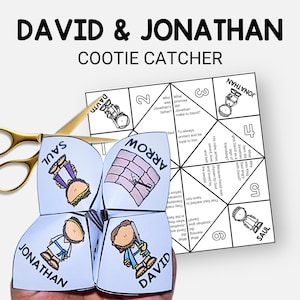 May include: A paper cootie catcher featuring illustrations of David, Jonathan, and Saul with the text DAVID & JONATHAN COOTIE CATCHER. The paper game includes questions about the biblical story and is shown alongside a pair of gold-colored scissors.