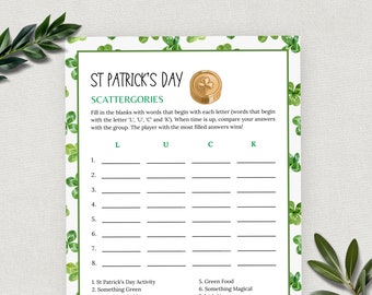 St Patricks Day Scattergories, Fun St Paddys Activity for Kids and Adults, St Patricks Day Printable Game, Leprechaun Game, Digital Download