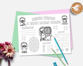 Jesus Heals a Man Born Blind, Miracles of Jesus, Printable Bible Placemat, Sunday School, Kids Bible Story, Christian Activity Sheet
