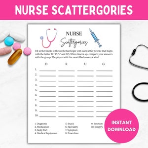 Printable Nurse Categories Game, Nursing Theme, Fun Graduation, Student Nurse, Retirement Party, RN Grad, Nurses Week, Digital Download