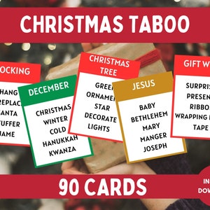 Juego de tabú navideño, juego de palabras prohibidas para fiestas navideñas, fiesta de amigos, noche de juegos en familia, juego divertido para grupos, tabú navideño, 90 cartas
