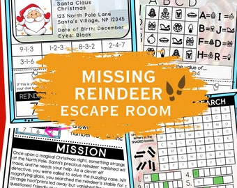 May include: A printable escape room game with a Christmas theme. The game features a driver's license for Santa Claus, a Polybius cipher, and a word search puzzle. The game is titled "Missing Reindeer Escape Room".