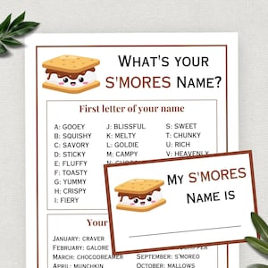What&#39;s Your S&#39;mores Name, S&#39;mores Party, S&#39;more Name Sign & Name Tags, Camping Birthday, Icebreaker Game, Summer Camp, National S&#39;mores Day