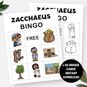 Zachäus, 30 Bibelgeschichten-Bingokarten, druckbare Sonntagsschulaktivität für Kinder, christliches VBS-Spiel, religiöses Bibelstudiengruppenspiel