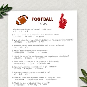 Football Trivia, Fun Printable American Football Game, Sports Theme Birthday Party, Trivia Questions, Digital Download
