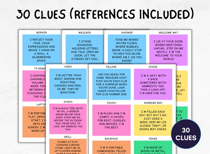 May include: Thirty colorful sticky notes with clues for a scavenger hunt. Each note features a different household item, such as a mirror, mailbox, shower, welcome mat, oven, shoes, grill, backpack, and fence. The notes are arranged in a grid pattern on a white background.