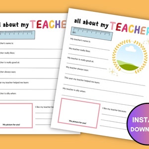 Teacher Appreciation Week, Printable Teacher Appreciation Gift, Thank You Teacher, Teacher Gifts, All About My Teacher Questionnaire