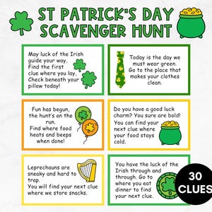 St Patrick&#39;s Day Scavenger Hunt Game, Printable St Paddy&#39;s Treasure Hunt Clues, Indoor Scavenger Hunt for Kids, Leprechaun Party