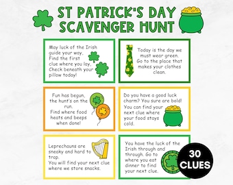 St. Patrick's Day speurtochtspel, afdrukbare St Paddy's Treasure Hunt-aanwijzingen, indoor speurtocht voor kinderen, kabouterfeest