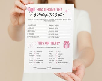 Chi conosce meglio la festeggiata, Quanto bene la conosci, Questionario di compleanno stampabile rosa, Attività quiz di compleanno, Download digitale