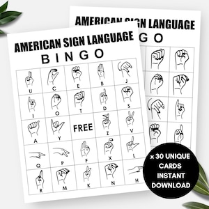 Bingo en ASL, 30 cartes de bingo avec l'alphabet américain en langue des signes, Jeu d'éducation spécialisée, Signaux manuels, Orthophoniste, Communication visuelle