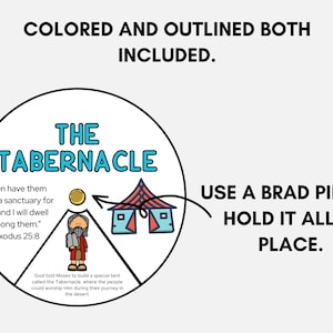 May include: A circular diagram with the text "THE TABERNACLE" in teal. The diagram includes illustrations of a tent, a person, and a gold coin, with text from Exodus 25:8. The text "COLORED AND OUTLINED BOTH INCLUDED" is at the top.