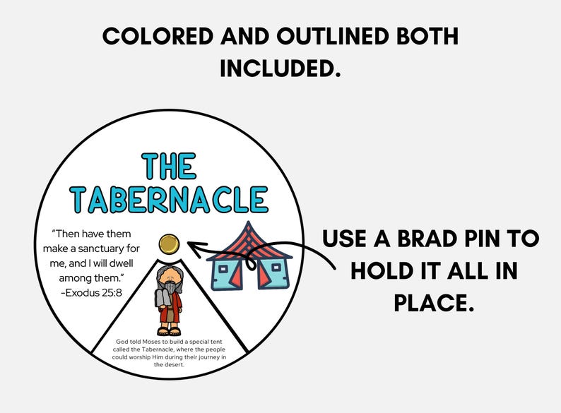 May include: A circular diagram with the text "THE TABERNACLE" in teal. The diagram includes illustrations of a tent, a person, and a gold coin, with text from Exodus 25:8. The text "COLORED AND OUTLINED BOTH INCLUDED" is at the top.