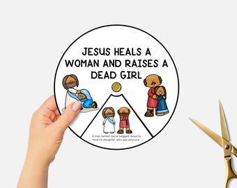 Jesus Heals a Woman and Raises a Dead Girl, Printable Bible Coloring Wheel, Sunday School Craft, Christian Bible Story Spinning Wheel