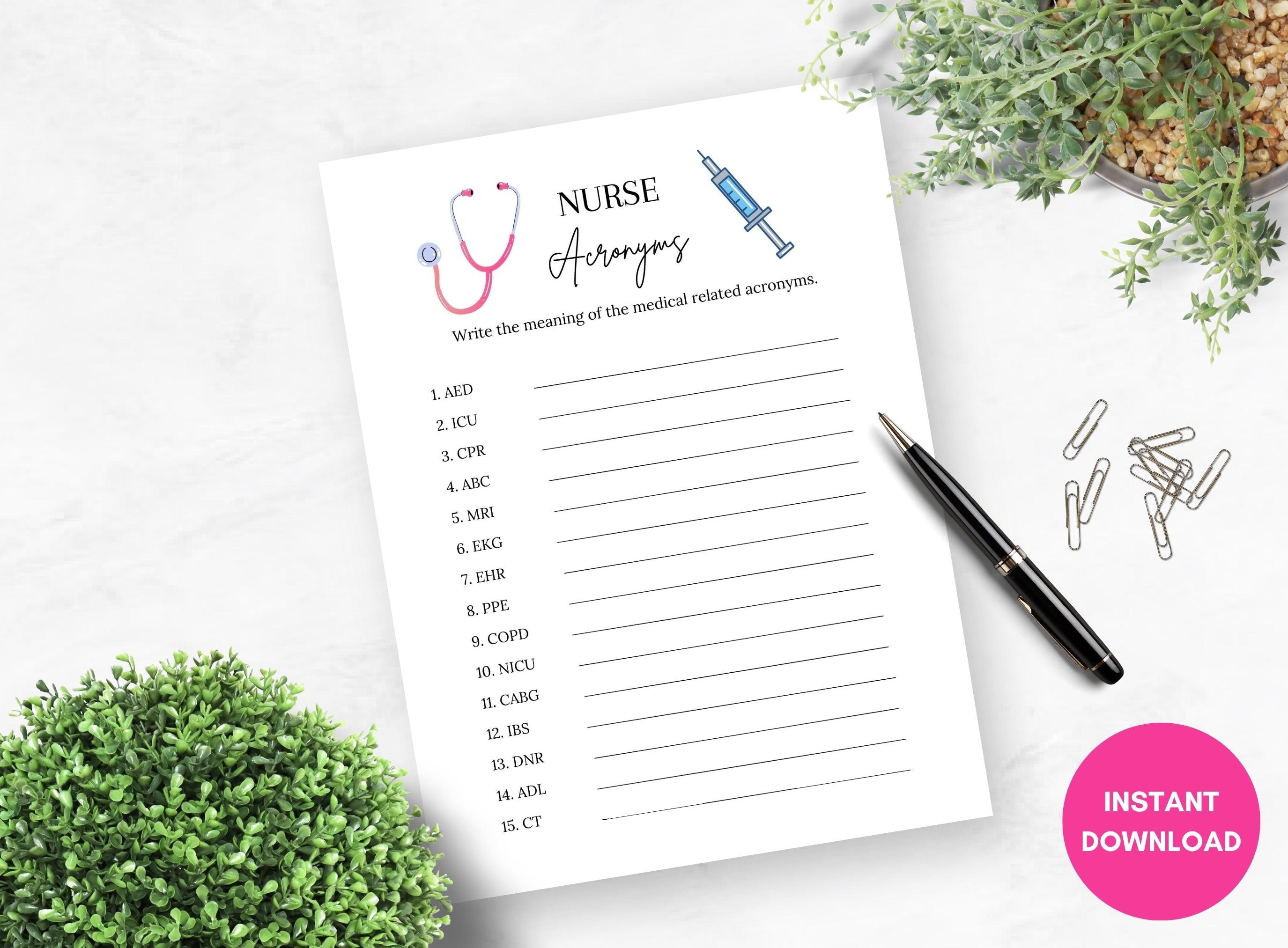 Printable Nurse Acronyms, Nursing Theme, Fun Graduation Game, Student