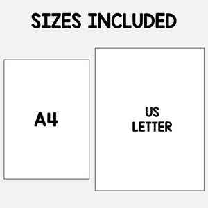 Puede incluir: Imagen con el texto "SIZES INCLUDED" en la parte superior. Debajo hay dos formas rectangulares blancas. El rect&aacute;ngulo izquierdo tiene el texto "A4" y el derecho "US LETTER".